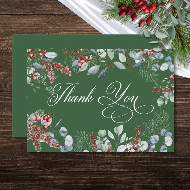 Green Winter Pine Berries Eucalyptus Wedding Dankeskarte (Green Winter Pine Berries Eucalyptus Wedding Thank You Card)