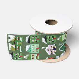 Green Winter Village Houses Christmas Satin Ribbon Satinband
