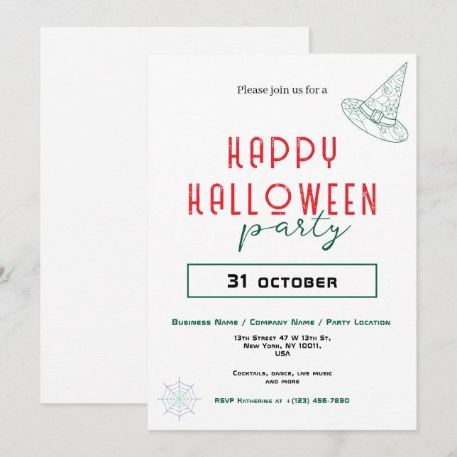 Green Witch Hat Business Office-Halloween-Party Einladung (Vorne/Hinten)