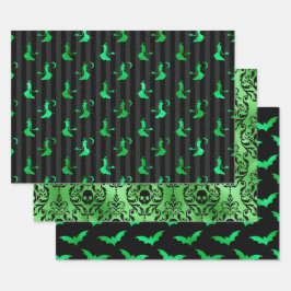 Green Witch, Skull and Bat Halloween Patterns Geschenkpapier Set