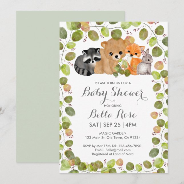 Green Woodland Animal Baby Shower Invitations (Devant / Derrière)