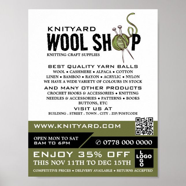 Green-Wool-Shop-Logo, Strickgeschäft, Garnspeicher Poster (Vorne)