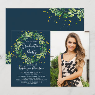 Green Wreath Gold Navy Blue Abschluss Foto in Einladung
