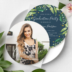 Green Wreath Gold Navy Blue Abschluss Foto in Einladung