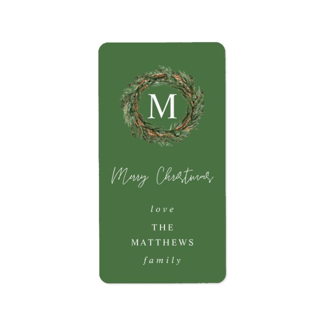 Green Wreath Monogram Frohe Weihnachten Adressaufkleber (Vorne)