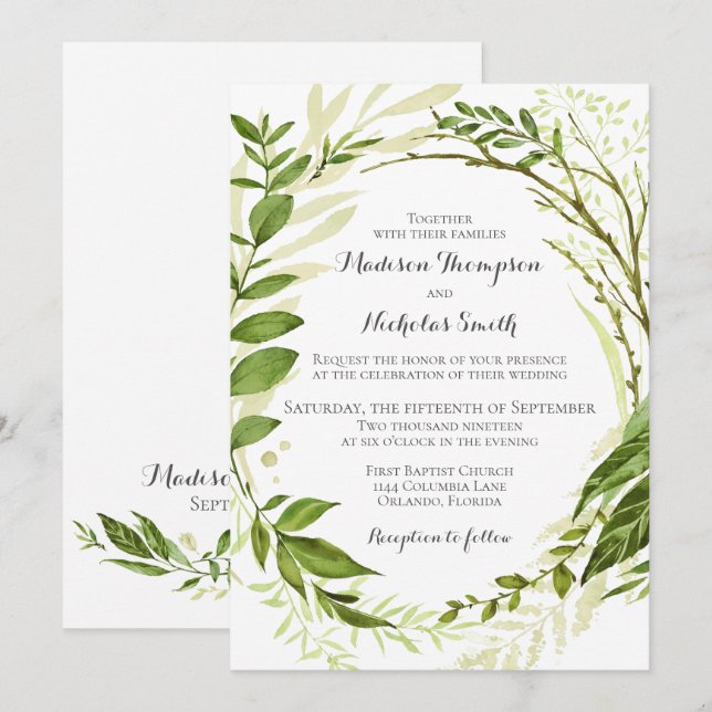 Green Wreath Wedding Einladungskarten (Vorne/Hinten)