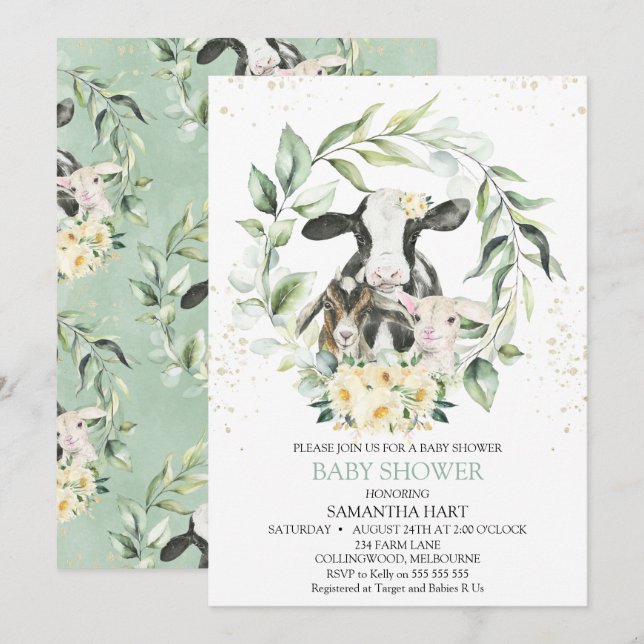 Green Wreath Yellow Floral Farm Baby Shower Einladung (Vorne/Hinten)