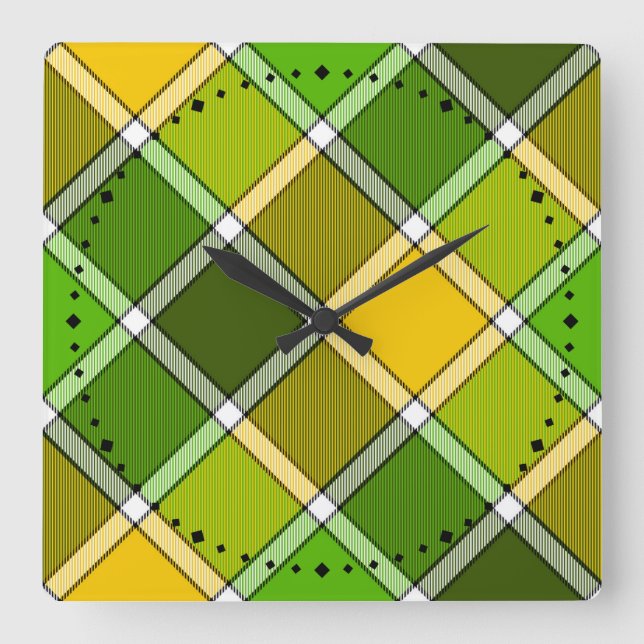 Green Yellow Argyle print Wall Clock Quadratische Wanduhr (Vorderseite)