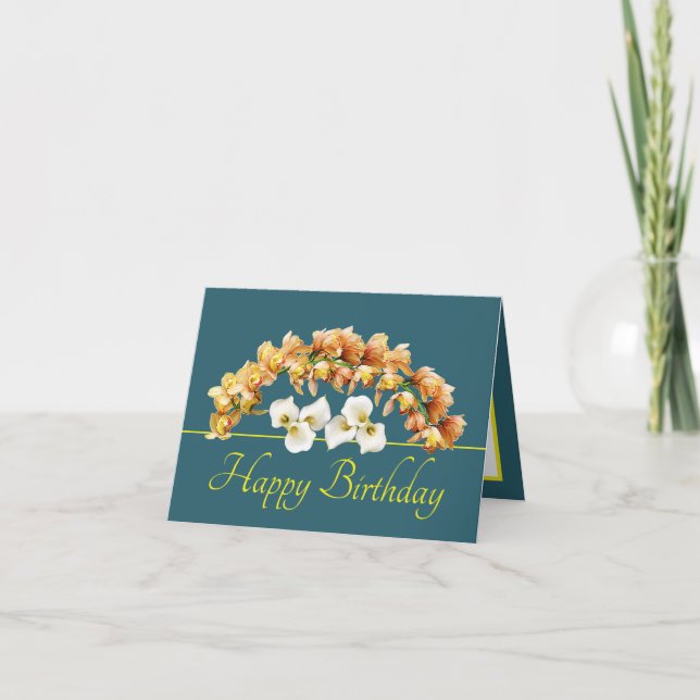 Green Yellow Bouquet Orchids Lilies Happy Birthday Karte (Vorderseite)