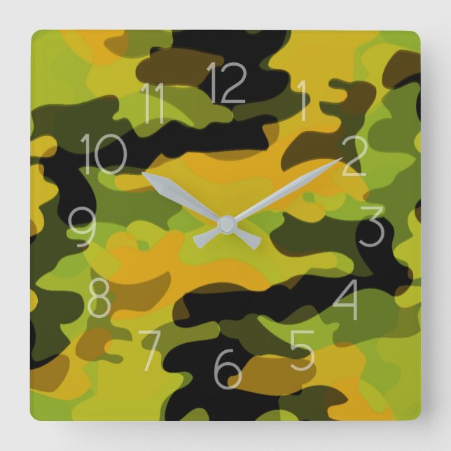 Green Yellow Camouflage Pattern Quadratische Wanduhr (Vorderseite)