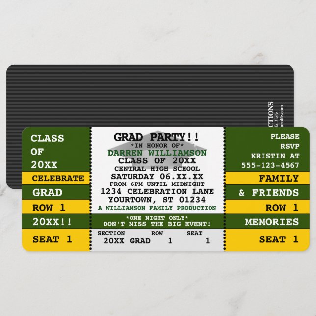 Green|Yellow Concert Ticket Grad Party Einladung (Vorne/Hinten)