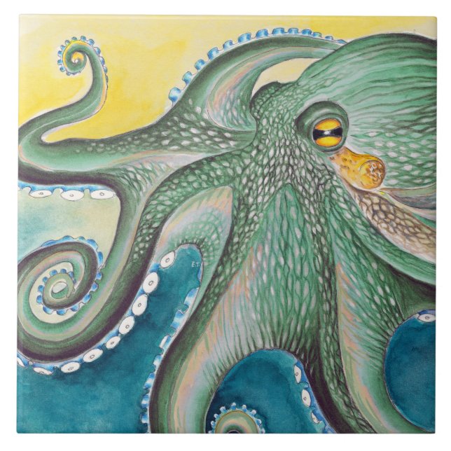 Green Yellow Octopus Watercolor Art Fliese (Vorderseite)