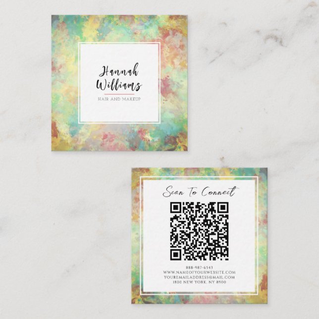 Green & Yellow Qr Code Farbiges Abstraktes Muster Quadratische Visitenkarte (Vorne/Hinten)