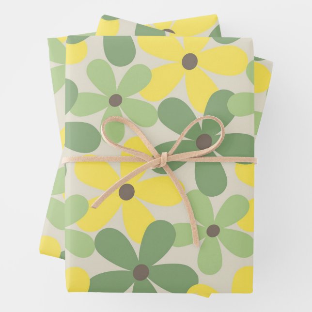 Green Yellow Retro Y2K 70er Blume Muster Geschenkpapier Set (Beispiel)