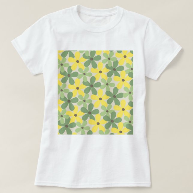 Green Yellow Retro Y2K 70er Blume Muster T-Shirt (Design vorne)