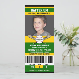 Green|Yellow Ticket Style Baseball Geburtstagspart Einladung