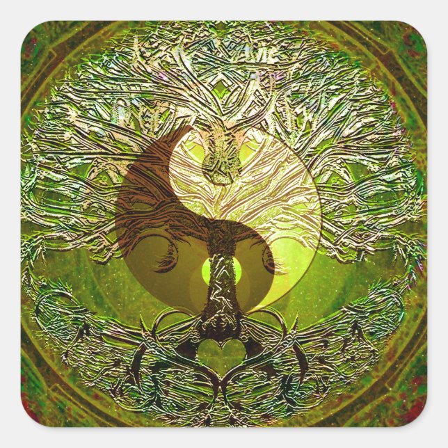 Green Yin Yang Mandala mit Baum des Lebens Quadratischer Aufkleber (Vorderseite)