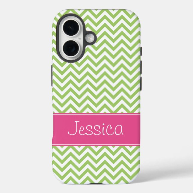 Green Zickzack Chic Pink Personalisiert iPhone 16 Hülle (Rückseite)