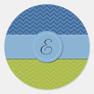 Green Zigzag, Blue Zigzag, Zickzack, Monogram Runder Aufkleber