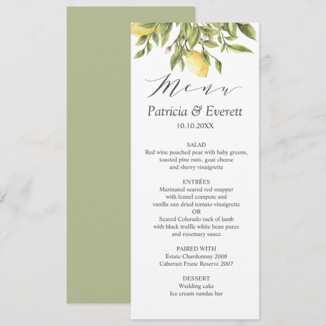 Green | Zitronen und Blätter Boho chic Wedding Einladung (Vorne/Hinten)