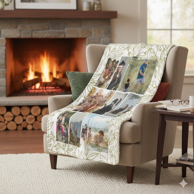Greenery 9 Photo Collage Personalized  Sherpadecke (blanket mockup in a cozy living room)