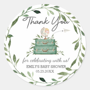 Greenery Adventure Baby Shower Journey Suitcase Runder Aufkleber