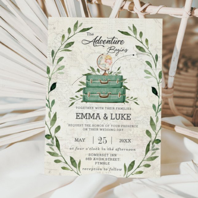 Greenery Adventure Wedding Suitcase Reise Einladung (greenery-the-adventure-begins-stacked-suitcases-globe-travel-wedding-invitation-cards-printed)