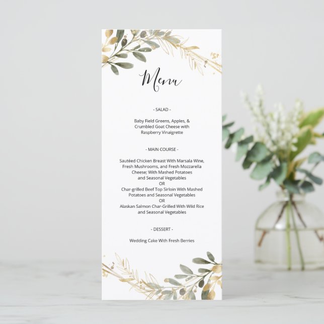 Greenery and Gold Geometric Boho Wedding Menu Menükarte (Stehend Vorderseite)