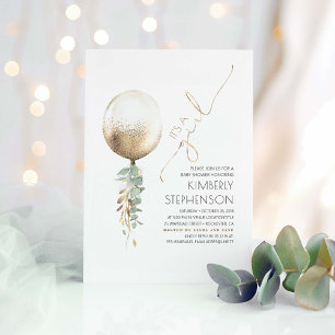 Greenery and Gold Glitzer Balloon Baby Shower Einladung