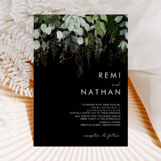 Greenery and Gold Leaf | Black Wedding Invitation Einladung