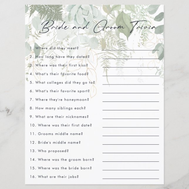 Greenery and Gold Leaf Bride and Groom Trivia Game (Vorderseite)