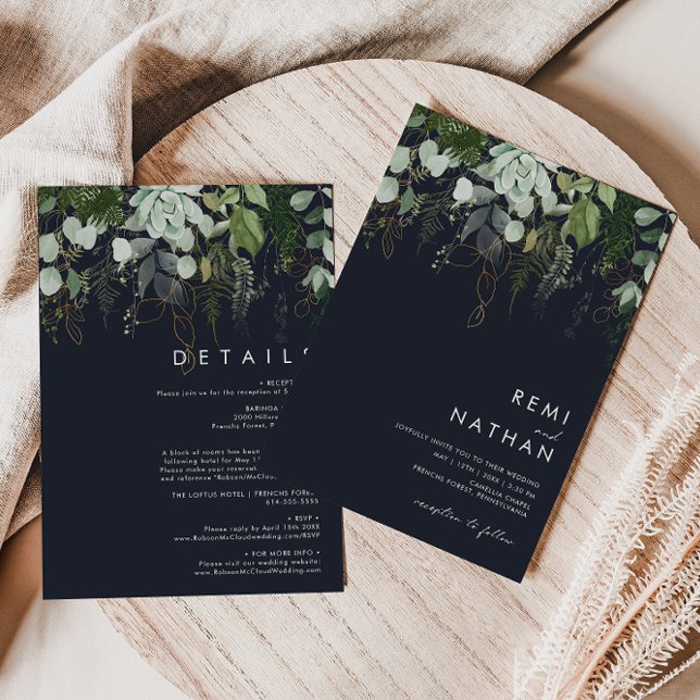 Greenery and Gold Leaf | Dark Navy All In One Einladung (Von Creator hochgeladen)