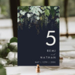 Greenery and Gold Leaf | Dark Navy Table Number Tischnummer<br><div class="desc">We designed this greenery and gold leaf | dark navy table number to complete your simple yet elegant boho wedding. It features modern green and white eucalyptus leaf, fern foliage, a succulent flower, and minimal gold foil leaves. These elements give the feel of a whimsical watercolor enchanted forest, perfect for...</div>