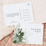 Greenery and Gold Leaf Wedding Danke Postcard Postkarte<br><div class="desc">Wir haben diese Grün-und Blattgold Hochzeit danken Ihnen Postcard zu vervollständigen Ihre einfache, aber elegante boho Hochzeit. Es zeichnet sich durch moderne, grüne und weiße Eukalyptusblätter, Farnfolien, eine prächtige Blume und minimale Blätter aus Goldfolie aus. Diese Elemente geben das Gefühl eines skurrilen, bezaubernden Waldes, perfekt für jede rustikale, böhmische Hochzeit!...</div>
