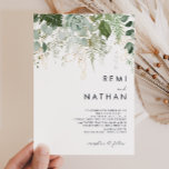 Greenery and Gold Leaf Wedding Invitation Einladung<br><div class="desc">We designed this Greenery and Gold Leaf wedding invitation to complete your simple yet elegant boho wedding. It features modern green and white eucalyptus leaf, fern foliage, a succulent flower, and minimal gold foil leaves. These elements give the feel of a whimsical watercolor enchanted forest, perfect for any rustic, bohemian...</div>