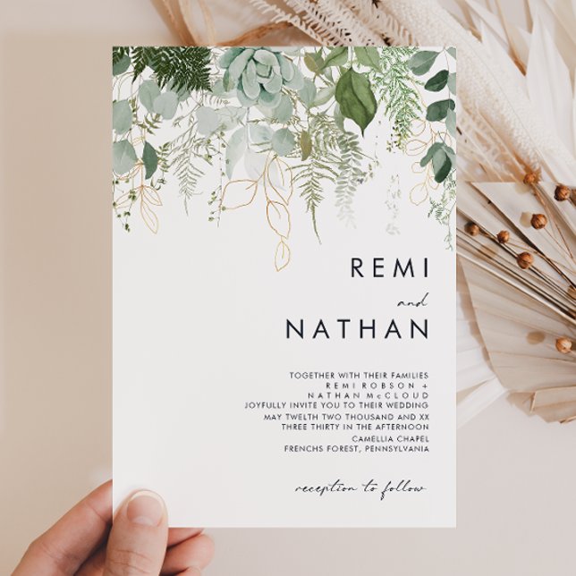 Greenery and Gold Leaf Wedding Invitation Einladung (Von Creator hochgeladen)