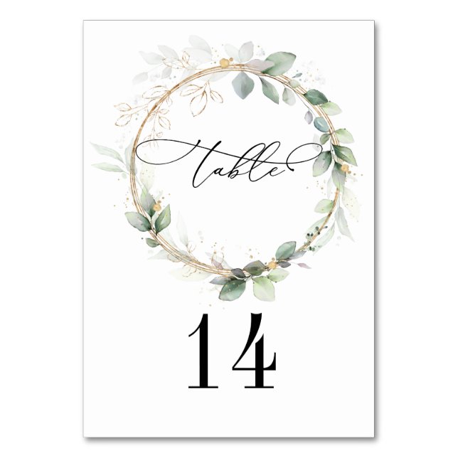 Greenery and Gold Wedding Table Card Tischnummer (Vorderseite)