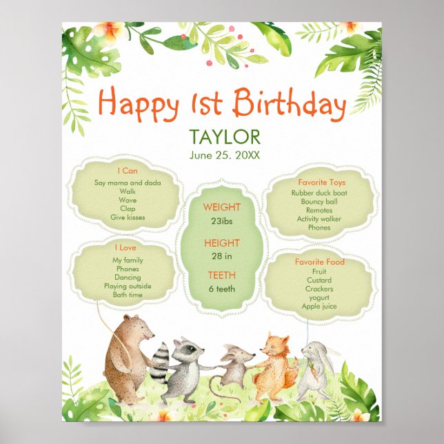 Greenery Animals Friends Party Happy Birthday Poster (Vorne)