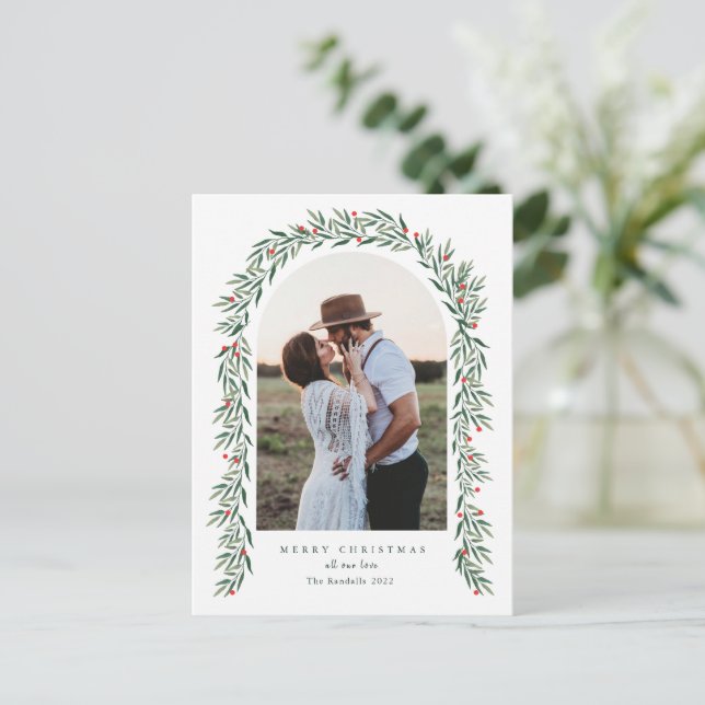 Greenery Arch Modernes Script Foto Weihnachten (Stehend Vorderseite)