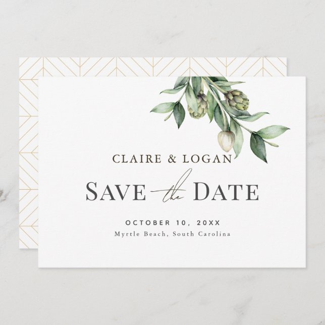 Greenery Artichoke Wasserfarbe Grün Save the Date Einladung (Vorne/Hinten)