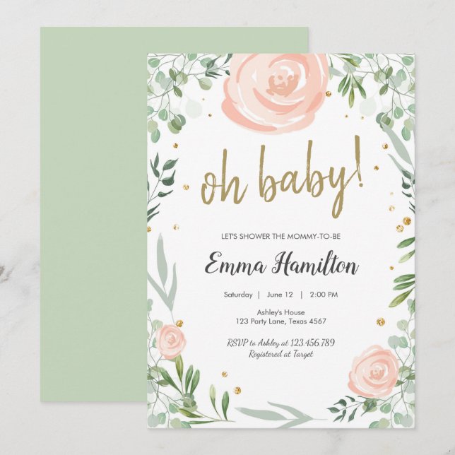 Greenery Baby Duwer Rose Blätter Wedding Pink Einladung (Vorne/Hinten)