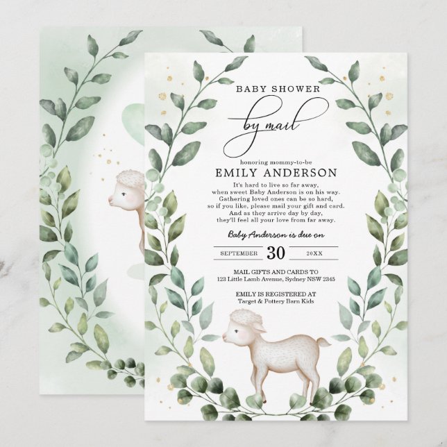 Greenery Baby Lamb Shower by Mail Quarantine Einladung (Vorne/Hinten)