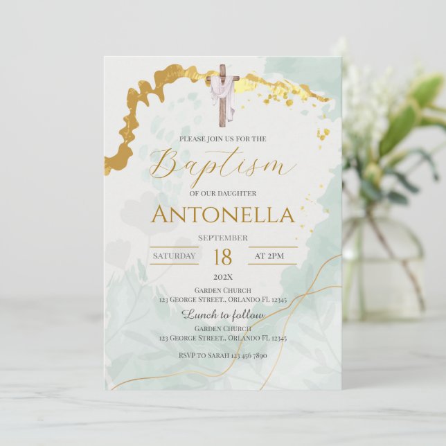 Greenery Baptism Invitation Einladung (Stehend Vorderseite)