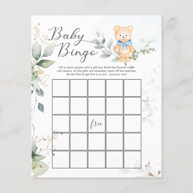 Greenery Bear Baby Shower Bingo Game Paper Sheet (Vorderseite)
