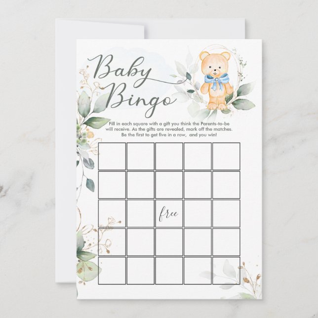 Greenery Bear Baby Shower Bingo/Traits Games Einladung (Vorderseite)