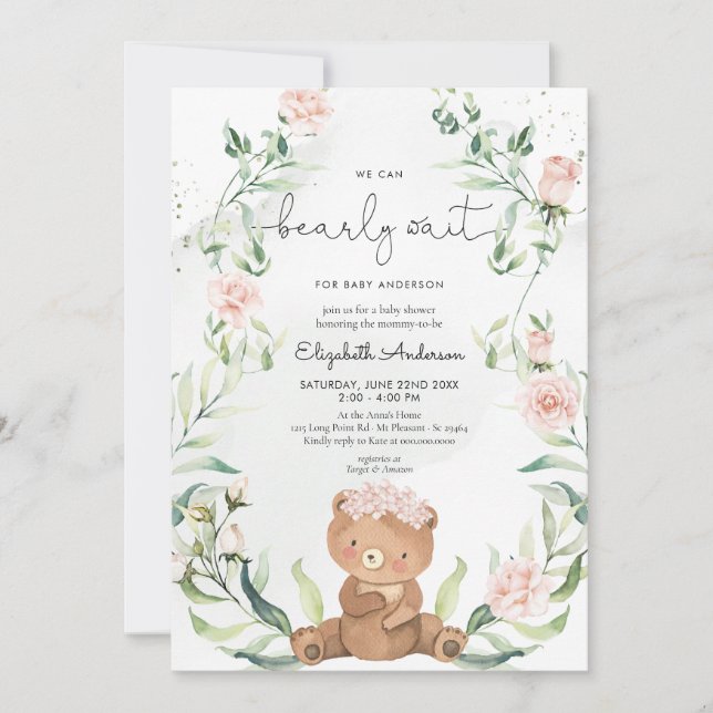 Greenery Bear Blush Pink Blues Girl Babydusche Einladung (Vorderseite)