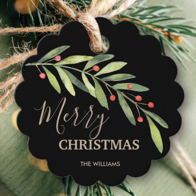 Greenery Berries Holiday Geschenkanhänger (Greenery branch and berries Merry Christmas black gift/favor tags personalized with your names)