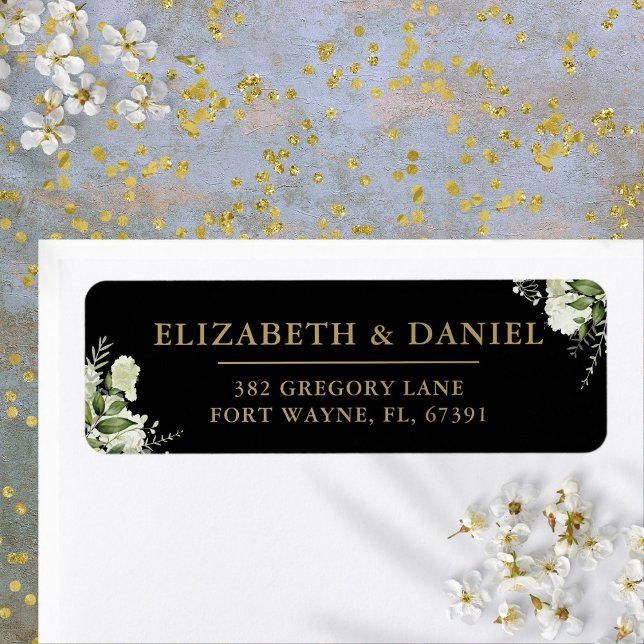 Greenery Black and Gold Wedding Rücksendeadresse (Greenery Black And Gold Wedding Return Address Label)