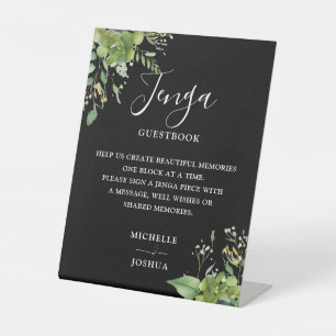 Greenery Black and White Jenga Wedding Gästebuch Sockelschild