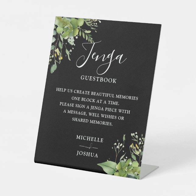 Greenery Black and White Jenga Wedding Gästebuch Sockelschild (Vorderseite)